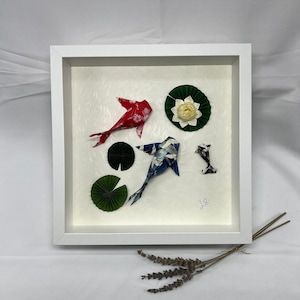 Origami personnalisé poisson koi et lotus / Origami dans cadre / Décoration artistique en papier
