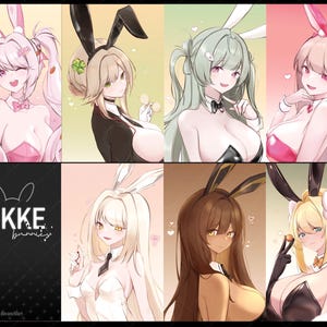 Może przedstawiać: Ośmiopanelowa grafika przedstawiająca postacie w stylu anime z uszami i strojami królika. Postacie mają różne kolory włosów i wyrazy twarzy. Dolny lewy panel zawiera tekst "NIKKE bunnies" i nazwisko artysty.