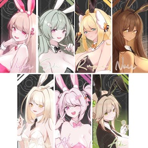 Może przedstawiać: Kolekcja ilustracji w stylu anime przedstawiających kobiety w strojach króliczków. Każda postać ma unikalne kolory włosów i oczu, z imionami takimi jak Viper, Soda i Alice. Tła są ciemne z geometrycznymi wzorami.