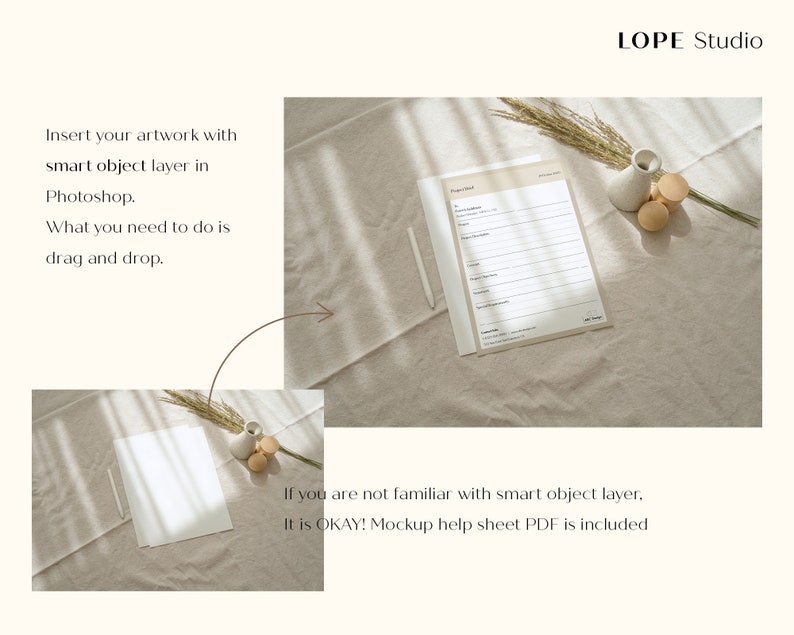 May include: A white sheet of paper with a white pen on a beige fabric surface. There is a vase with dried grass and wooden ornaments on the surface. The text "Project List" is visible on the paper.