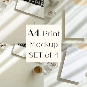 May include: A set of four A4 print mockups on a white surface with natural light. The mockups are arranged in a grid pattern with a laptop, a phone, and other decorative items.