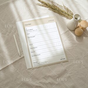 May include: A blank project brief template with lines for filling in project details, including the project name, description, objectives, and special requirements. The template is printed on white paper with a light brown background and has the text "Project Brief" at the top.