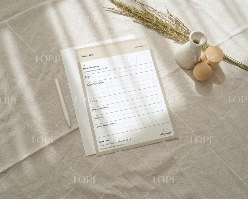 May include: A blank project brief template with lines for filling in project details, including the project name, description, objectives, and special requirements. The template is printed on white paper with a light brown background and has the text "Project Brief" at the top.
