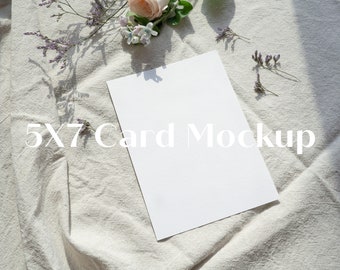 5X7 Card Mockup, Wedding Invitation RSVP Mockup, Greeting Card Mock up, Stationery Mockup, Table Number Mockup with Flowers and Shadow