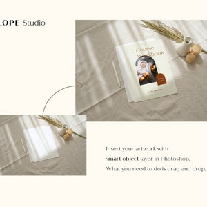 May include: A beige fabric surface with a white sheet of paper, a vase with dried grass, and three wooden circles. A white pencil is lying on the paper. The image is a mockup for a course workbook with the text "Course Workbook" and "Emily Makers" on the cover.