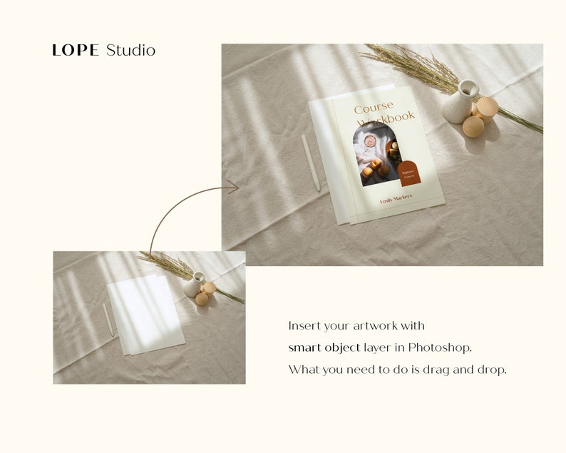 May include: A beige fabric surface with a white sheet of paper, a vase with dried grass, and three wooden circles. A white pencil is lying on the paper. The image is a mockup for a course workbook with the text "Course Workbook" and "Emily Makers" on the cover.