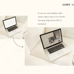 Puede incluir: Un port&aacute;til plateado con una pantalla en blanco descansa sobre un coj&iacute;n blanco. El port&aacute;til est&aacute; abierto, mostrando una maqueta. La imagen incluye el texto "LOPE Studio" e instrucciones sobre capas de objetos inteligentes y una hoja de ayuda en PDF.