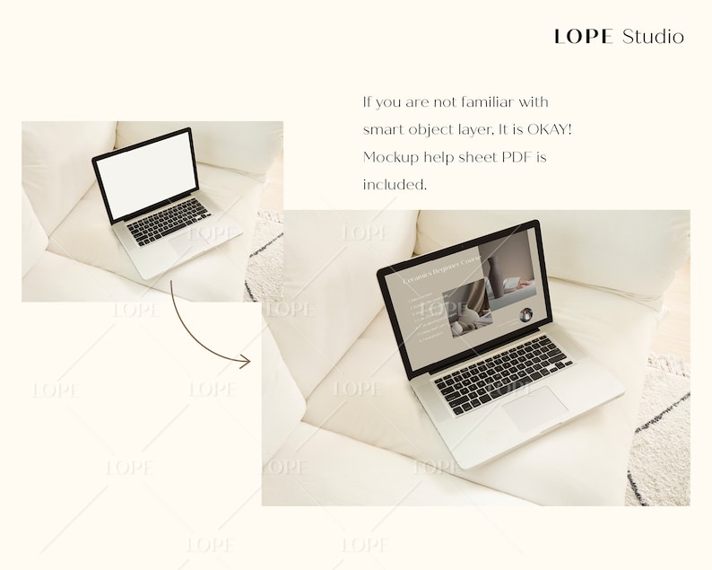 Puede incluir: Un port&aacute;til plateado con una pantalla en blanco descansa sobre un coj&iacute;n blanco. El port&aacute;til est&aacute; abierto, mostrando una maqueta. La imagen incluye el texto "LOPE Studio" e instrucciones sobre capas de objetos inteligentes y una hoja de ayuda en PDF.