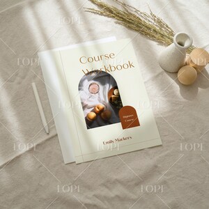 May include: A beige and brown workbook titled "Course Workbook" with a photo of fruit and a glass of wine in an archway. The text "Beginner Course" is in a brown circle at the bottom of the page. The author's name, "Emily Markers", is printed below the title.