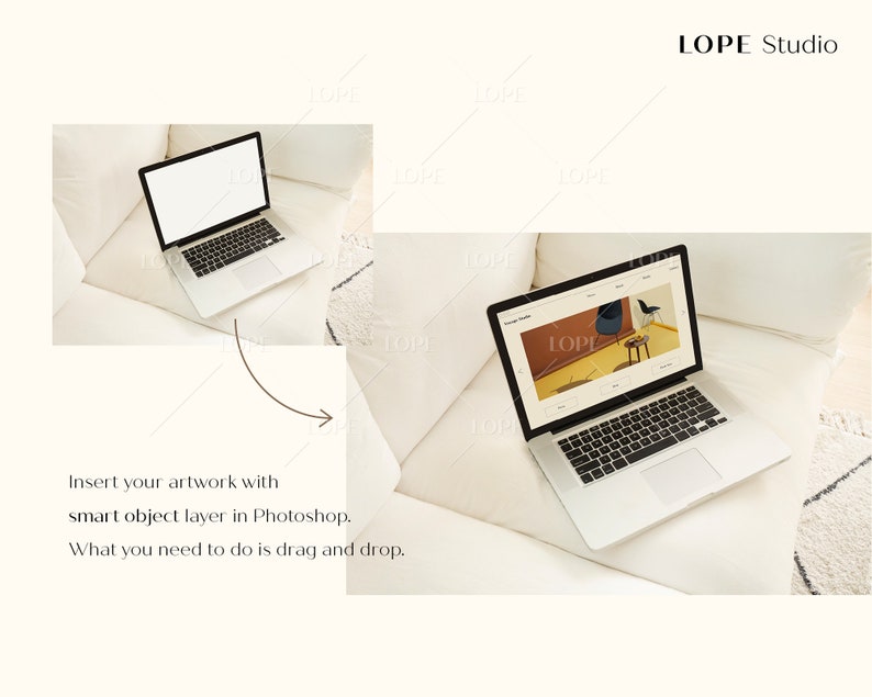 Puede incluir: Un ordenador port&aacute;til plateado con teclado y pantalla negros se muestra sobre un sof&aacute; blanco. La pantalla muestra un sitio web con un dise&ntilde;o moderno. La imagen tambi&eacute;n incluye el texto "Insert your artwork with smart object layer in Photoshop. What you need to do is drag and drop."