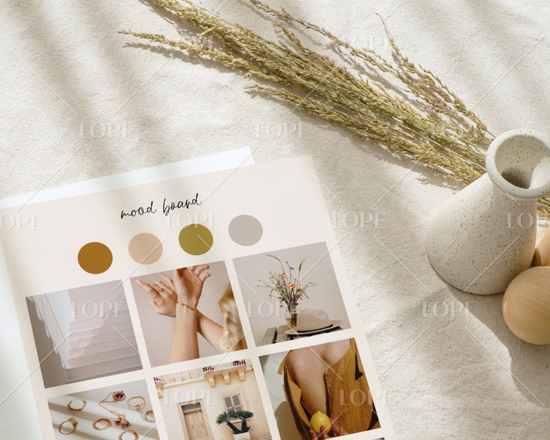 May include: Mood board with a color palette of brown, beige, gold, and gray. The board includes images of a window with sunlight streaming through, a hand wearing gold bracelets, a bouquet of dried flowers in a vase, a building with a door and a potted plant, and a person wearing a yellow dress holding a lemon.