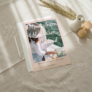 May include: A pink and white digital download cover with the text "Mindfulness & Meditation Retreat" and a woman wearing a hat sitting on a boat. The cover also includes the text "30 Worksheets | 10 Activity Kits | 1 PDF Evaluation" and "Olivia Bosch".