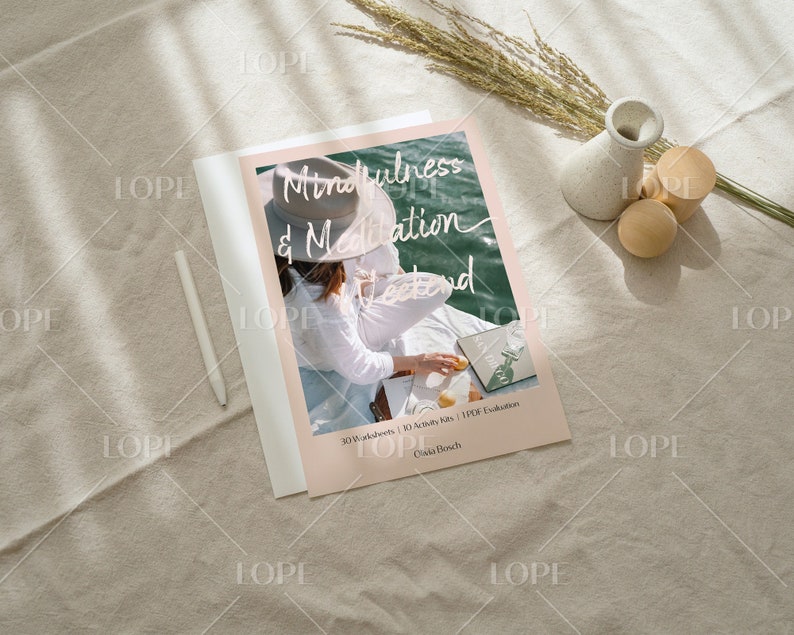 May include: A pink and white digital download cover with the text "Mindfulness & Meditation Retreat" and a woman wearing a hat sitting on a boat. The cover also includes the text "30 Worksheets | 10 Activity Kits | 1 PDF Evaluation" and "Olivia Bosch".