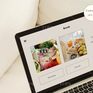 Puede incluir: Una pantalla de port&aacute;til muestra un sitio web con el nombre "Keem" y el texto "Examples of Use". El sitio web presenta dos im&aacute;genes: una de una bebida con ar&aacute;ndanos y otra de una mesa con fruta y pan. Tambi&eacute;n es visible el texto "Connection, not perfection".
