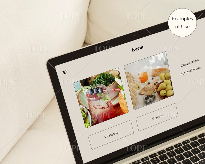 Puede incluir: Una pantalla de port&aacute;til muestra un sitio web con el nombre "Keem" y el texto "Examples of Use". El sitio web presenta dos im&aacute;genes: una de una bebida con ar&aacute;ndanos y otra de una mesa con fruta y pan. Tambi&eacute;n es visible el texto "Connection, not perfection".