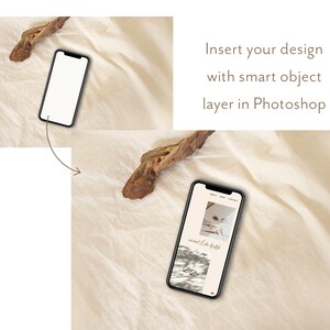 Pu&ograve; includere: Un mockup di smartphone bianco su uno sfondo di lino bianco con un pezzo di legno alla deriva. Inserisci il tuo design con un livello di oggetto intelligente in Photoshop.