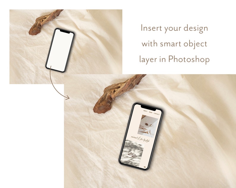 Pu&ograve; includere: Un mockup di smartphone bianco su uno sfondo di lino bianco con un pezzo di legno alla deriva. Inserisci il tuo design con un livello di oggetto intelligente in Photoshop.
