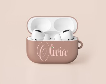 Blush Pink Personalized AirPods Case, Grey Hard Protective Cover, Carabiner Keychain