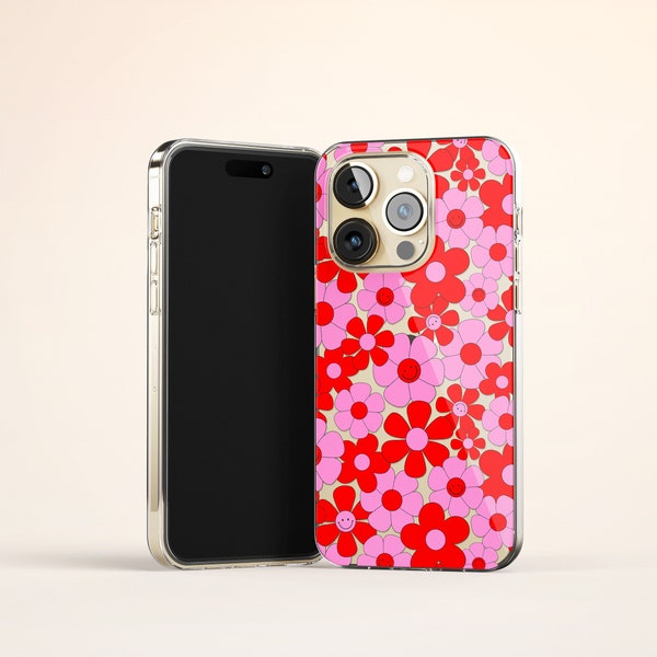 Retro Pink Flower Happy Face Phone Case, 70s Floral iPhone 14 Clear Case, Red Flower iPhone 13 Clear Case, Cute iPhone 12 Case, Clear Cover