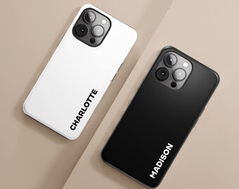 Black Personalized Phone Case, Custom Block Name, White Protective Cover, Minimalistic Design