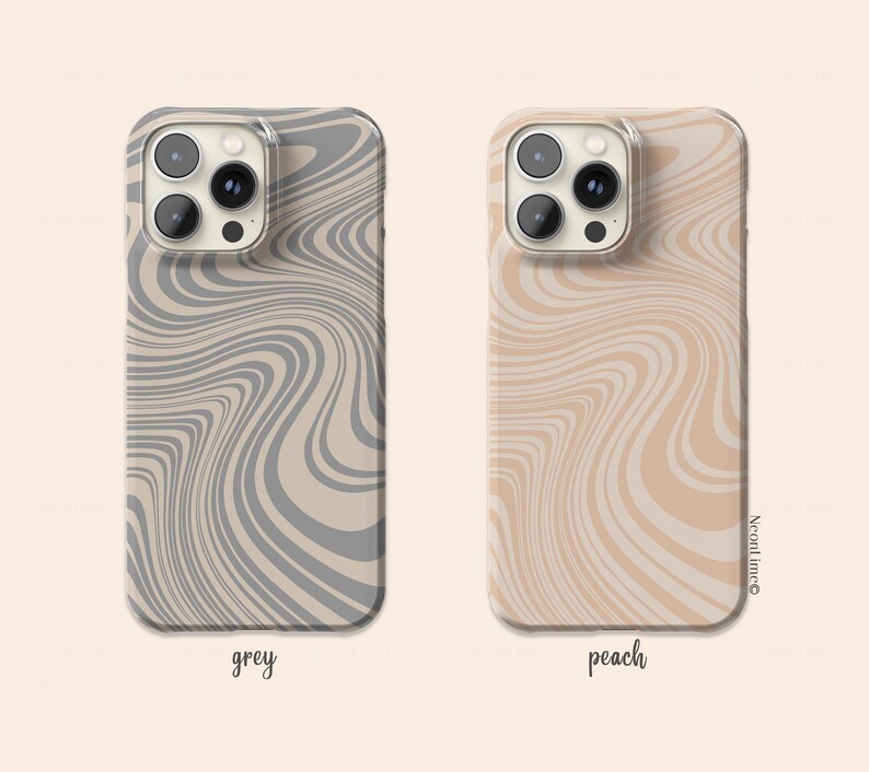 May include: Two phone cases with a wavy pattern. One case is grey, and the other is peach. The cases have a clear border and a camera cutout. The word "grey" is written below the grey case, and "peach" is written below the peach case.