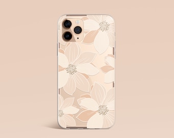Cream Beige Floral Clear Phone Case, Protective Cover for iPhone, Galaxy, Pixel