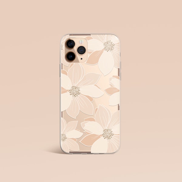 Beige Flowers iPhone 13 Clear Case, Cream Floral iPhone 12 Pro Protective Case, Ivory Flower iPhone 11 Clear Case, iPhone X XR XS Case