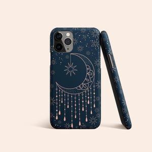 ギャラクシーブルーの天体模様のスマホケース、ピンクの月と星のデザイン、ダークブルーの保護ハードカバー 画像 1