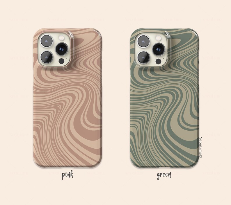 May include: Two phone cases with a wavy pattern. One is pink with a light brown design, and the other is green with a darker green design. The word "pink" is written below the pink case, and "green" is written below the green case.