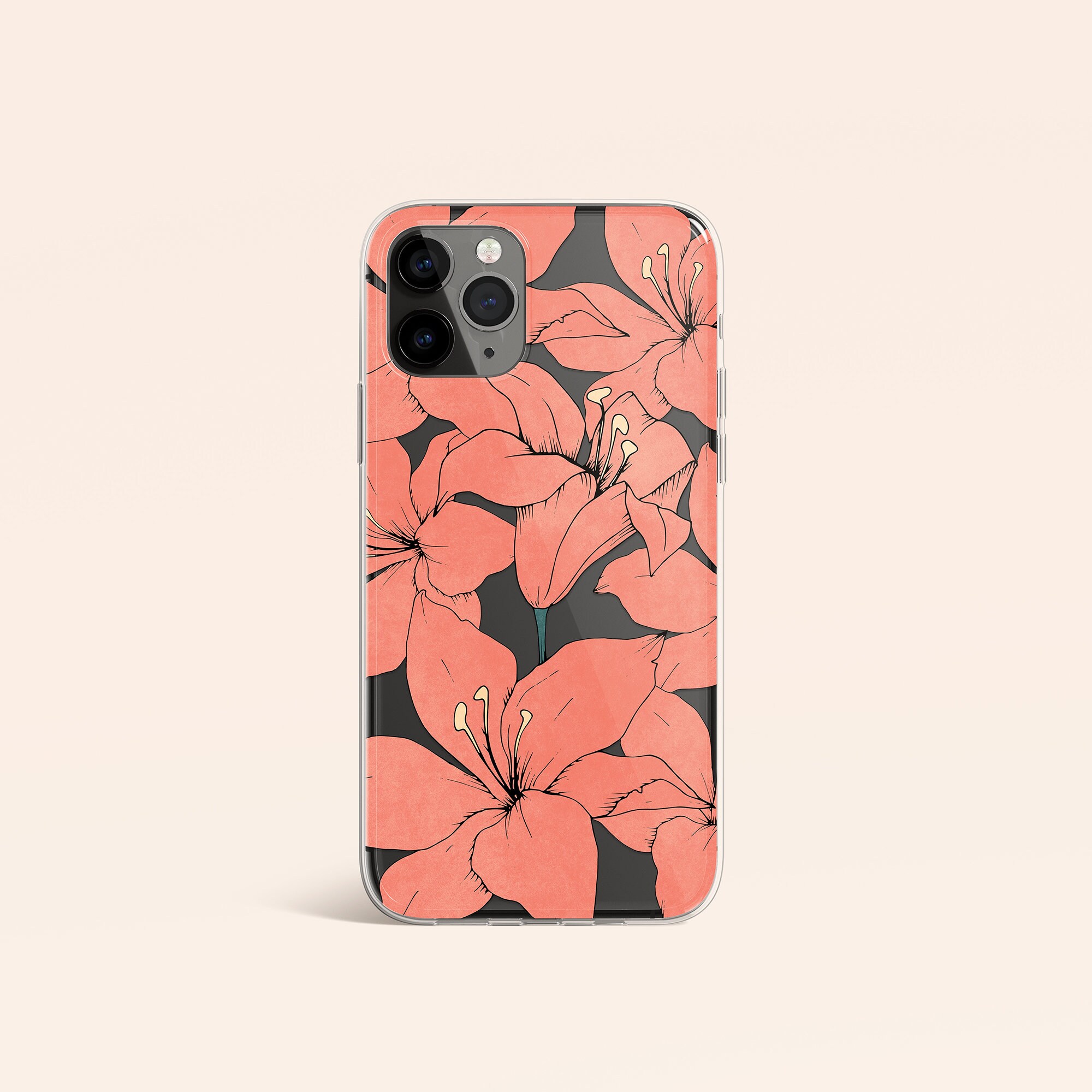 Coral Lily Clear Phone Case, Orange Floral Protective Cover, Peach