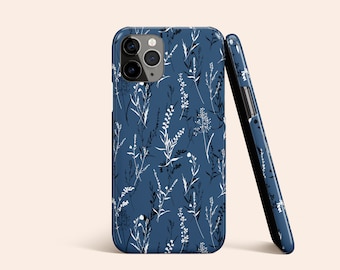 Blue Floral Phone Case, Black and White Flower iPhone 13 Case, Blue iPhone 12 Case, iPhone 11 Pro Case, iPhone XR Case, Galaxy S22 Case