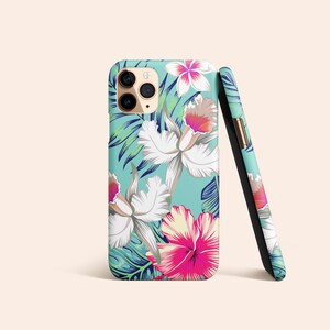 Custodia per telefono con motivo floreale tropicale hawaiano, custodia blu floreale per iPhone 12, custodia blu per iPhone 11, custodia floreale per iPhone X, custodia botanica per iPhone XR, XS immagine 1