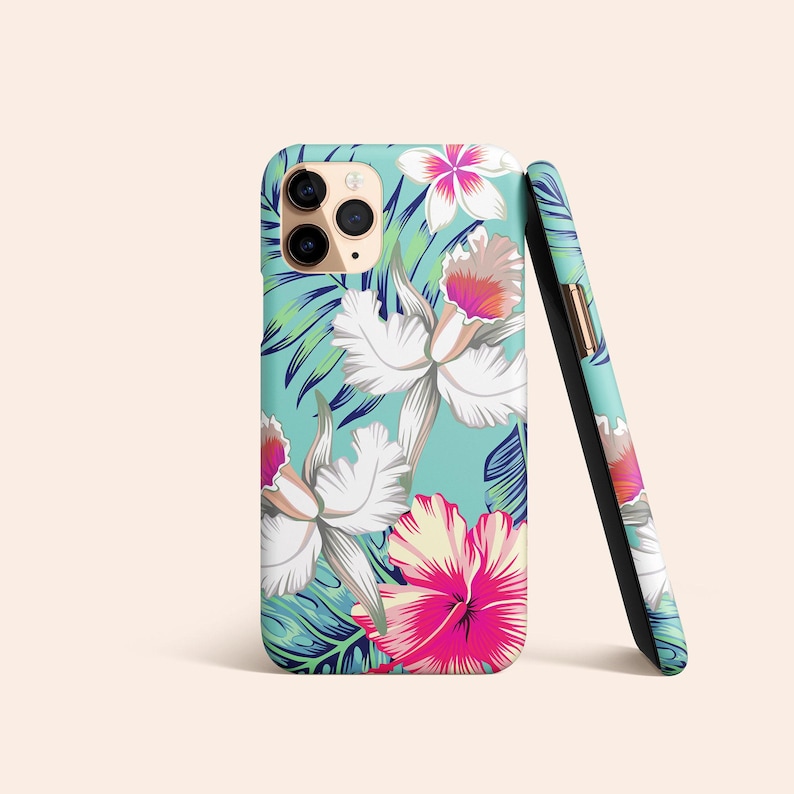 Custodia per telefono con motivo floreale tropicale hawaiano, custodia blu floreale per iPhone 12, custodia blu per iPhone 11, custodia floreale per iPhone X, custodia botanica per iPhone XR, XS immagine 1