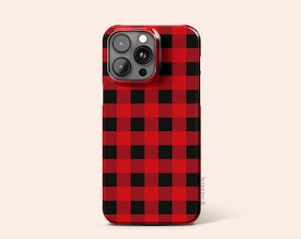 バッファローチェック柄のスマホケース、赤のチェック柄デザイン、チェッカーボードパターンのiPhone、Galaxy、Pixel用保護カバー