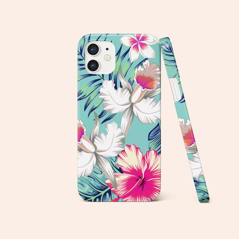 Custodia per telefono con motivo floreale tropicale hawaiano, custodia blu floreale per iPhone 12, custodia blu per iPhone 11, custodia floreale per iPhone X, custodia botanica per iPhone XR, XS immagine 3