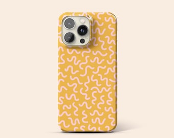 Squiggle Line Phone Case, Pink Curly Line Abstract Design, Yellow Protective Hard Cover