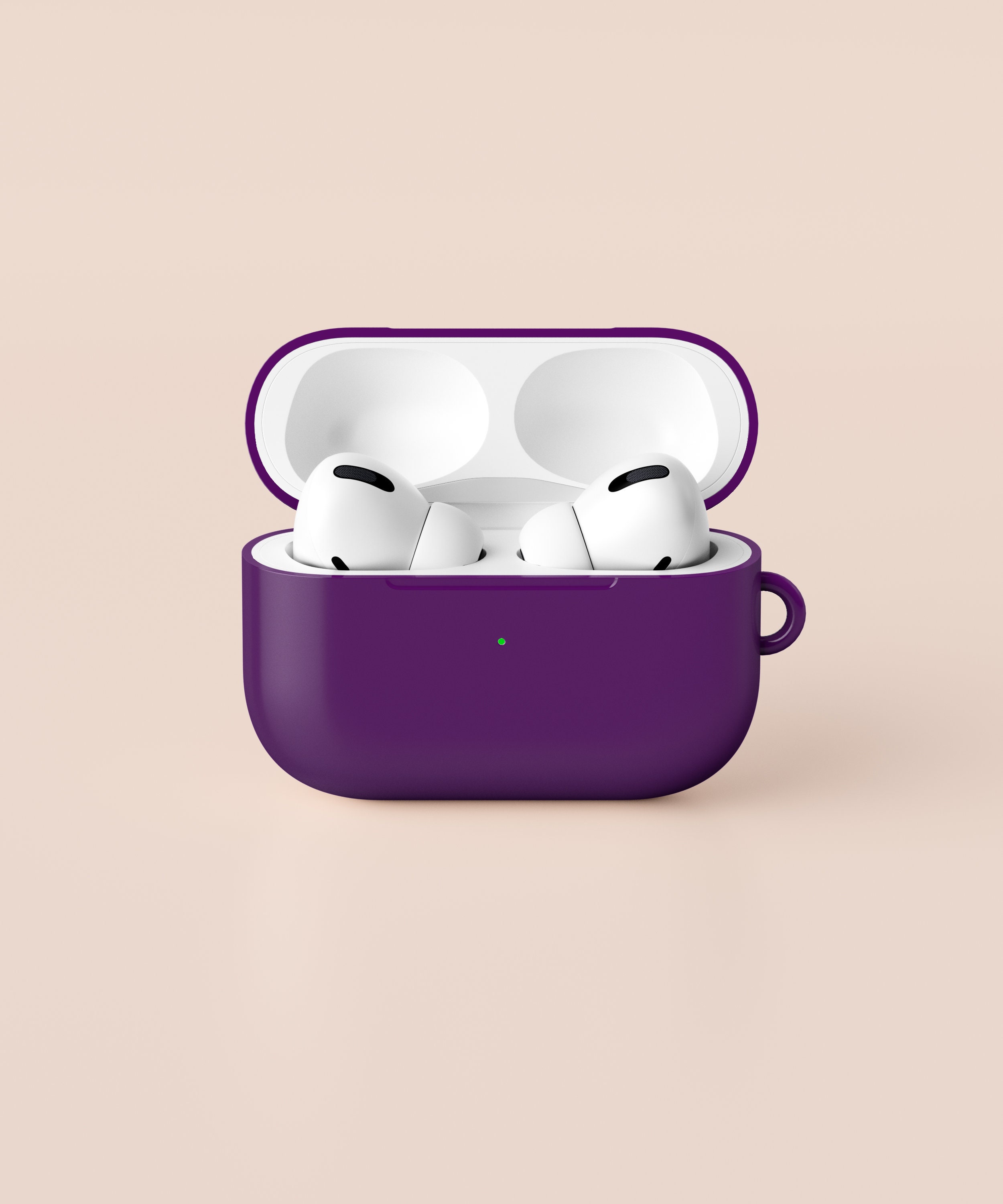 パープルのAirPodsケース、カラビナキーチェーン付きハード保護カバー