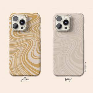 May include: Two phone cases with a wavy pattern. One is yellow with cream-colored swirls, and the other is beige with off-white swirls. The word "yellow" is written below the yellow case, and "beige" is written below the beige case.