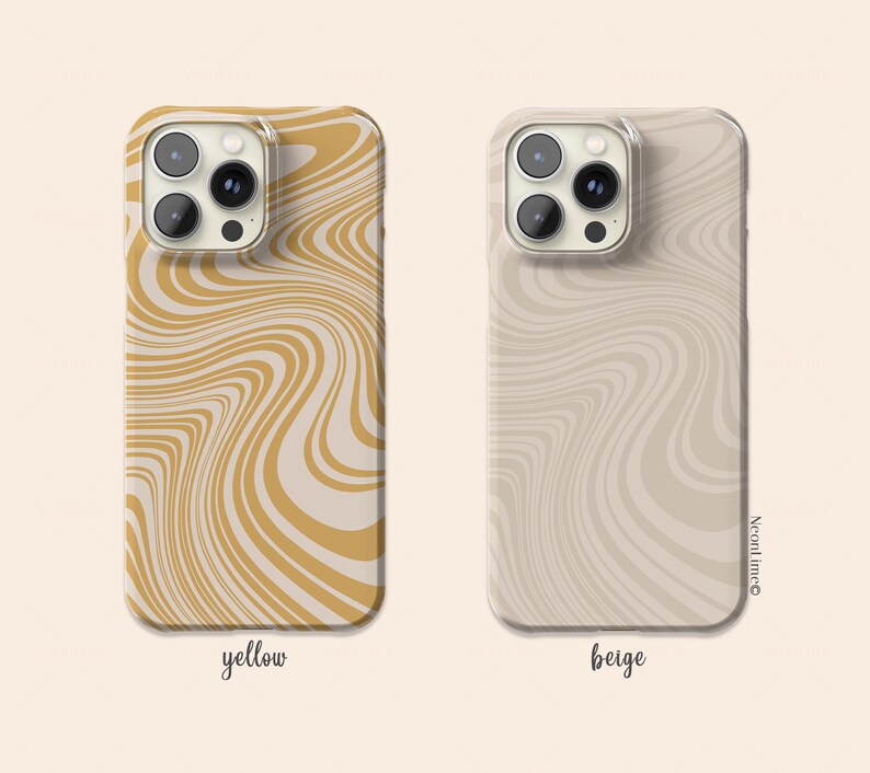 May include: Two phone cases with a wavy pattern. One is yellow with cream-colored swirls, and the other is beige with off-white swirls. The word "yellow" is written below the yellow case, and "beige" is written below the beige case.