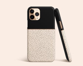 Black Colorblock Phone Case, Tiny Polka Dot Pattern Protective Cover