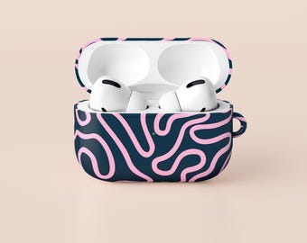Blue Squiggle Line AirPods Case, Abstract Protective Hard Cover, Carabiner Keychain
