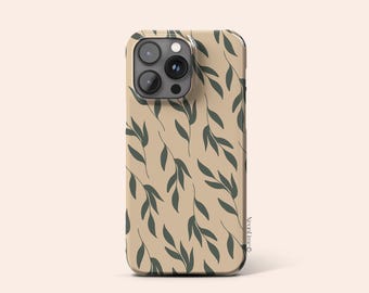 Neutral Tan Leaf Phone Case, Botanical Nature Inspired Green Leaves Pattern Protective Cover for iPhone and Samsung