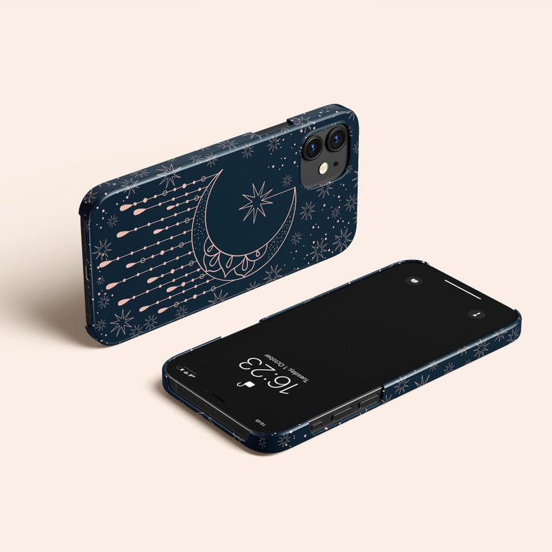 ギャラクシーブルーの天体模様のスマホケース、ピンクの月と星のデザイン、ダークブルーの保護ハードカバー 画像 6