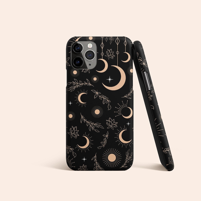 Black Celestial Phone Case, Moon iPhone 13 Case, Star iPhone 12 Case, Floral iPhone 11 Case, iPhone XR Case, Black iPhone XS Case, Pixel 5 image 1