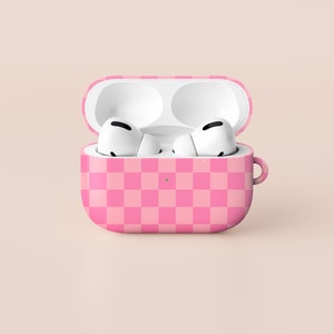 Pink Checkered AirPods Case Pastel Pink Check AirPods Pro Case Retro Checkerboard Protective Cover For Apple Airpods With Carabiner Keychain