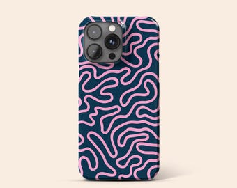 Swirly Line Phone Case, Pink Wavy Squiggles Abstract Design, Dark Blue Protective Hard Cover