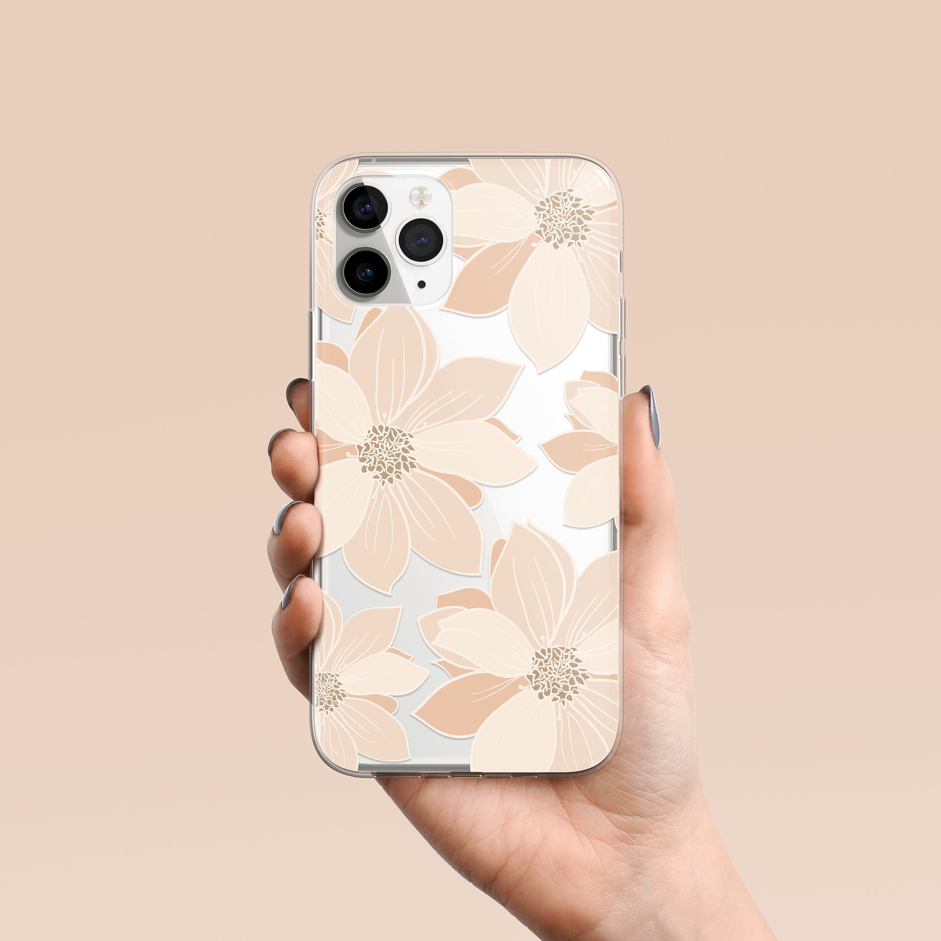 Cream Beige Floral Clear Phone Case, Protective Cover for Iphone