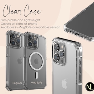 Puede incluir: Dos fundas transparentes para tel&eacute;fono, una con un anillo MagSafe integrado y otra sin &eacute;l. Ambas fundas est&aacute;n dise&ntilde;adas para proteger el tel&eacute;fono y tienen un perfil delgado. El texto "Regular" y "MagSafe" est&aacute; impreso en las fundas.