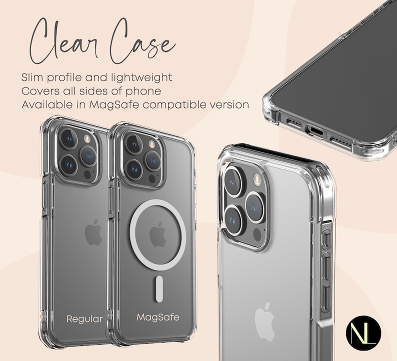 Puede incluir: Dos fundas transparentes para tel&eacute;fono, una con un anillo MagSafe integrado y otra sin &eacute;l. Ambas fundas est&aacute;n dise&ntilde;adas para proteger el tel&eacute;fono y tienen un perfil delgado. El texto "Regular" y "MagSafe" est&aacute; impreso en las fundas.