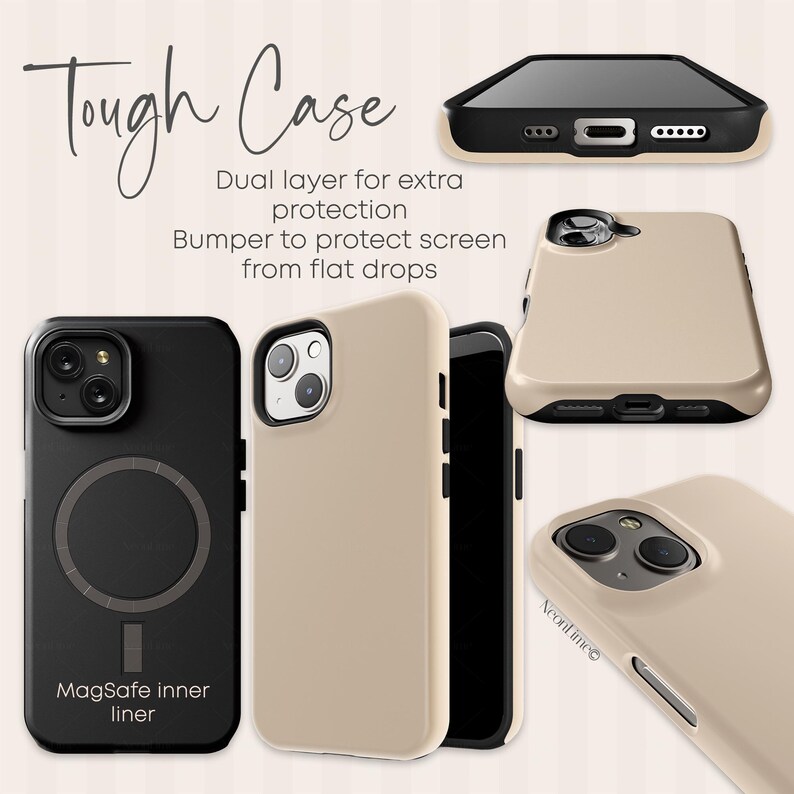 May include: A collection of phone cases in black and beige. The cases are shown from multiple angles, highlighting features like a MagSafe inner liner and a bumper to protect the screen. Text on the image reads "Tough Case".